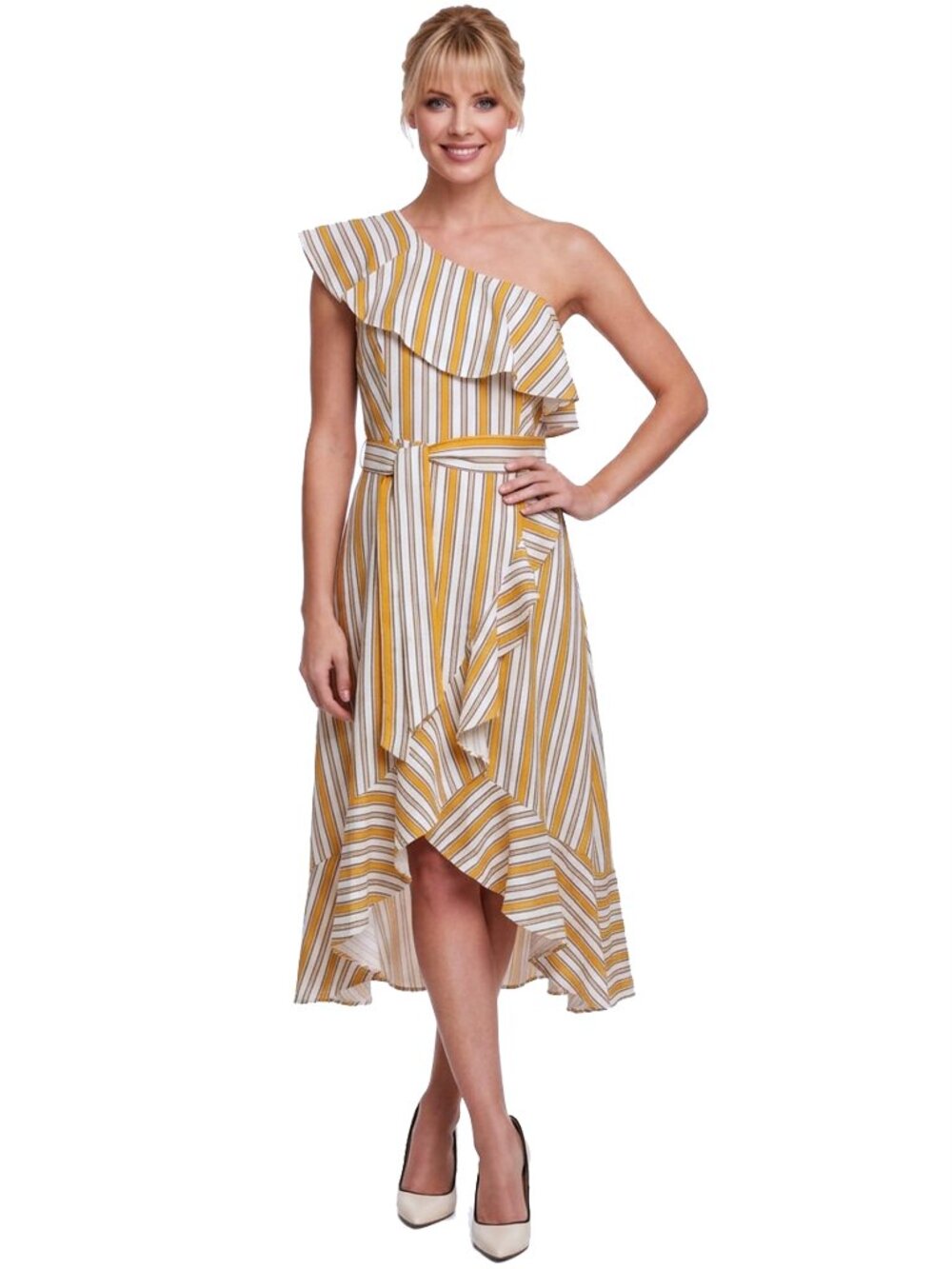 Lulus High Tide Striped One Shoulder Midi Dress Flounce Ruffles Rayon Blend